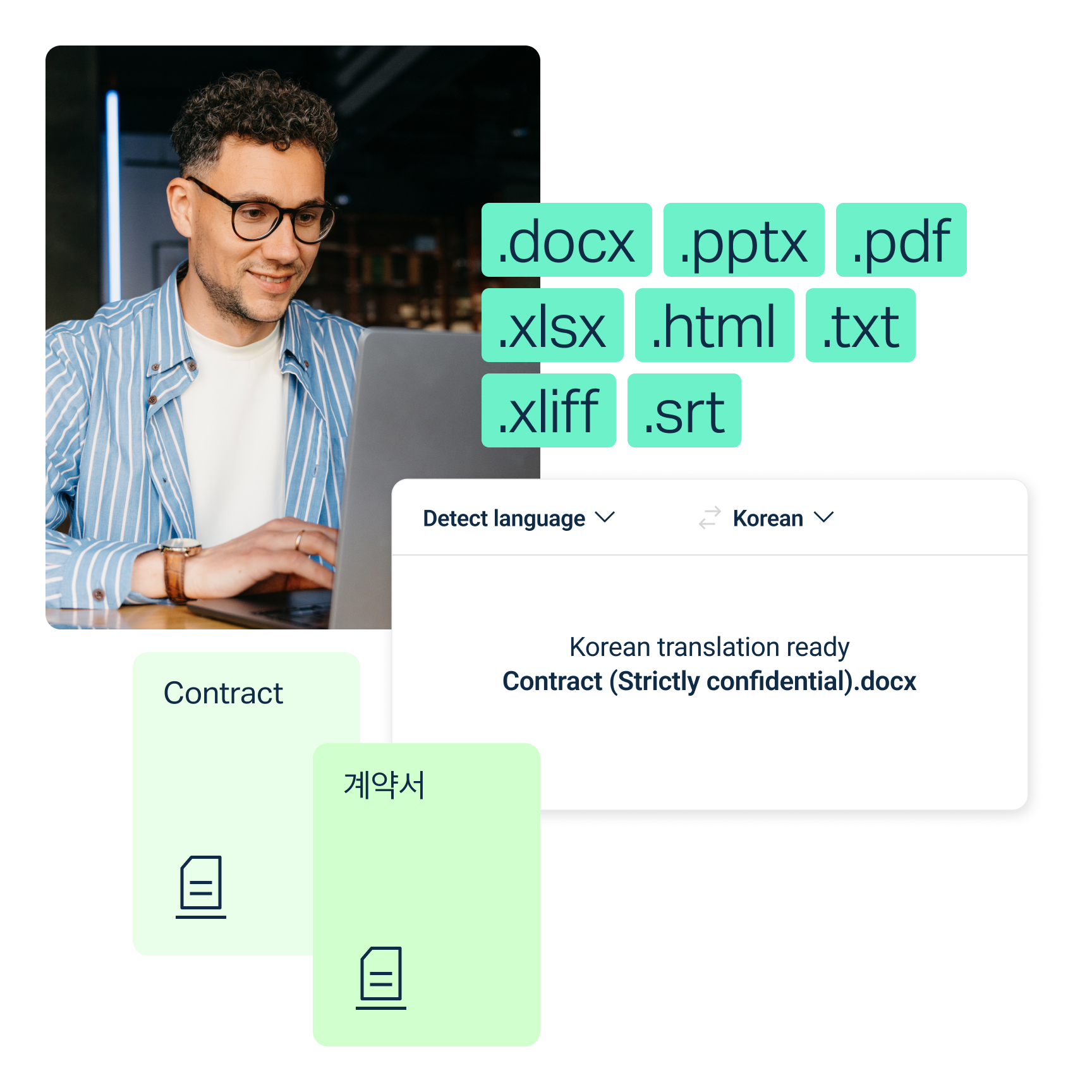 A person is sitting at a desk with a laptop. Various file format icons are displayed, including .docx, .pptx, .pdf, .xlsx, .html, .txt, .xliff, and .srt. A dropdown menu shows language options with "Detect Language" and "Korean" selected. Below, text indicates a Korean translation is ready for a document titled "Contract (Strictly confidential).docx." An additional text box labeled "Contract" with Korean characters is also visible.