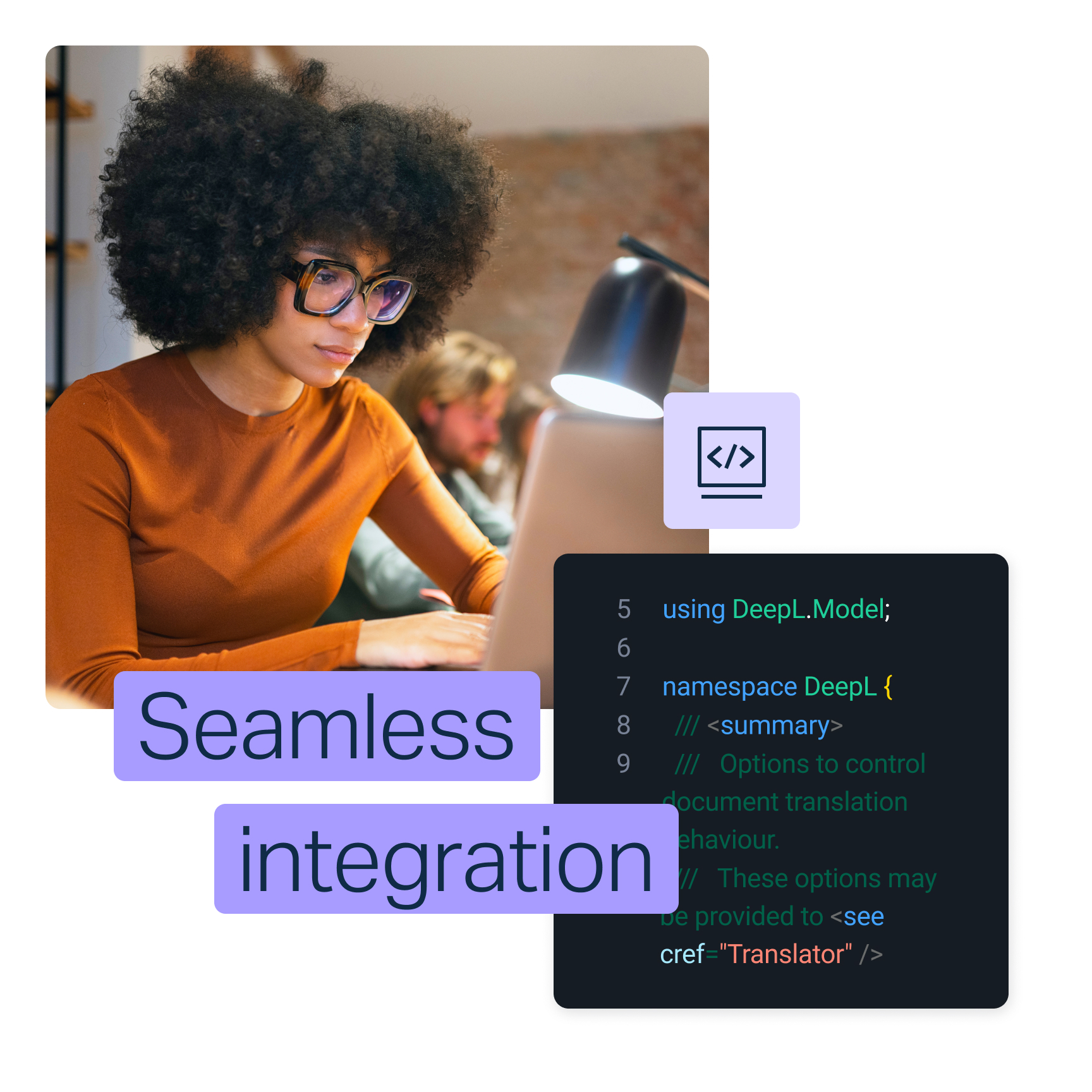 Text reads "Seamless integration" with a code snippet displayed on a screen.