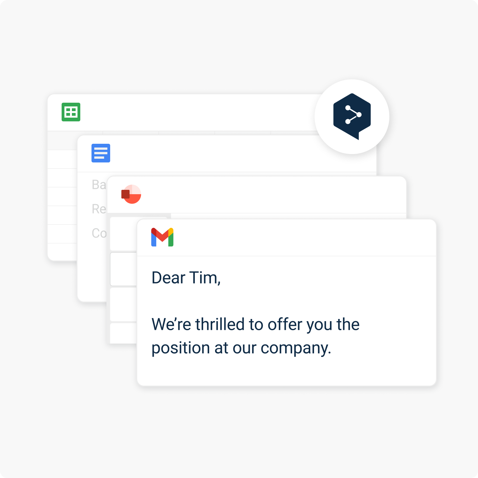 The image displays a stack of application icons, including a spreadsheet, a document, and an email. The email at the front reads, "Dear Tim, We're thrilled to offer you the position at our company."