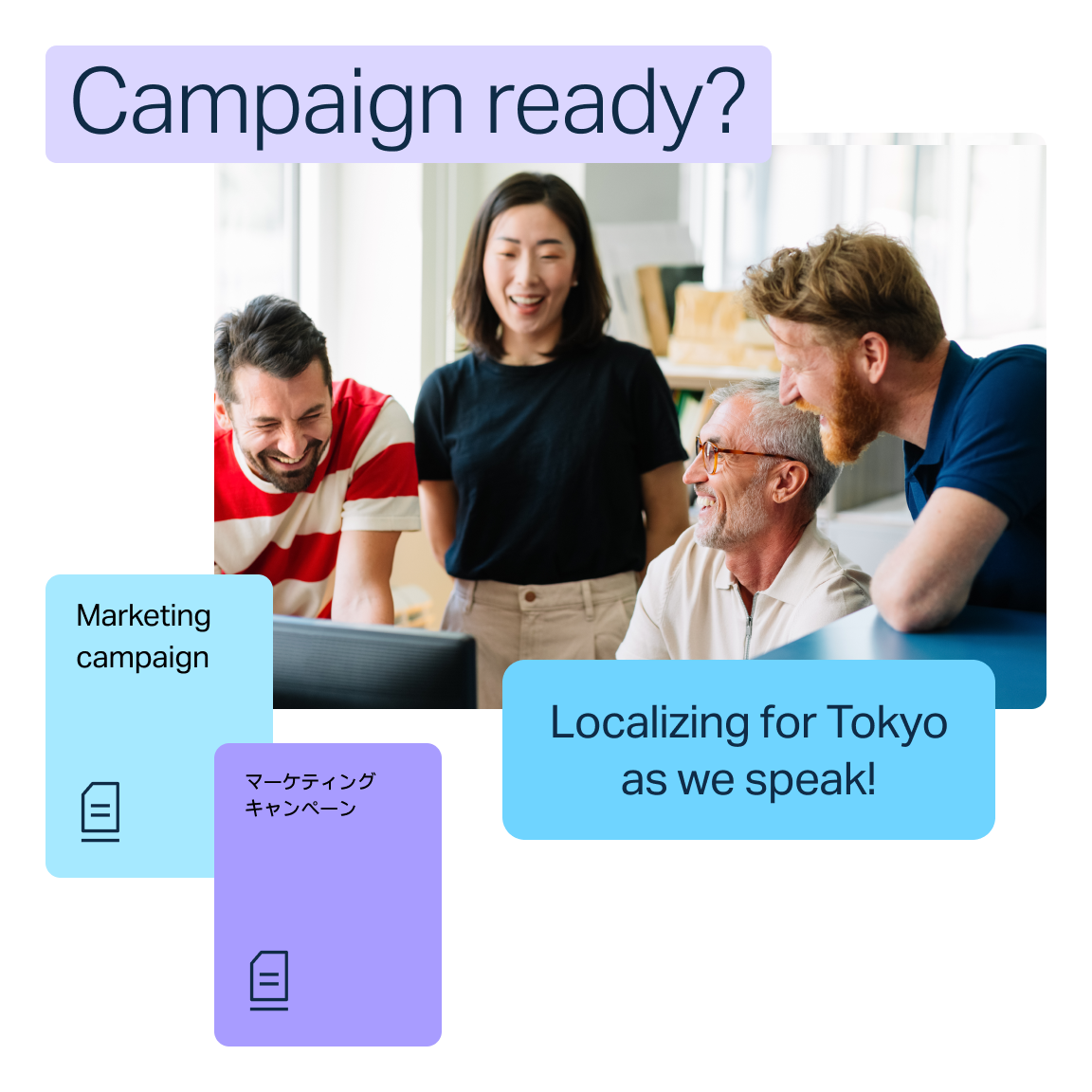 A group of people is gathered around a computer with the text "Campaign ready?" above them. There are two text boxes below: one says "Marketing campaign" and the other says "Localizing for Tokyo as we speak!" with an additional text box in Japanese.
